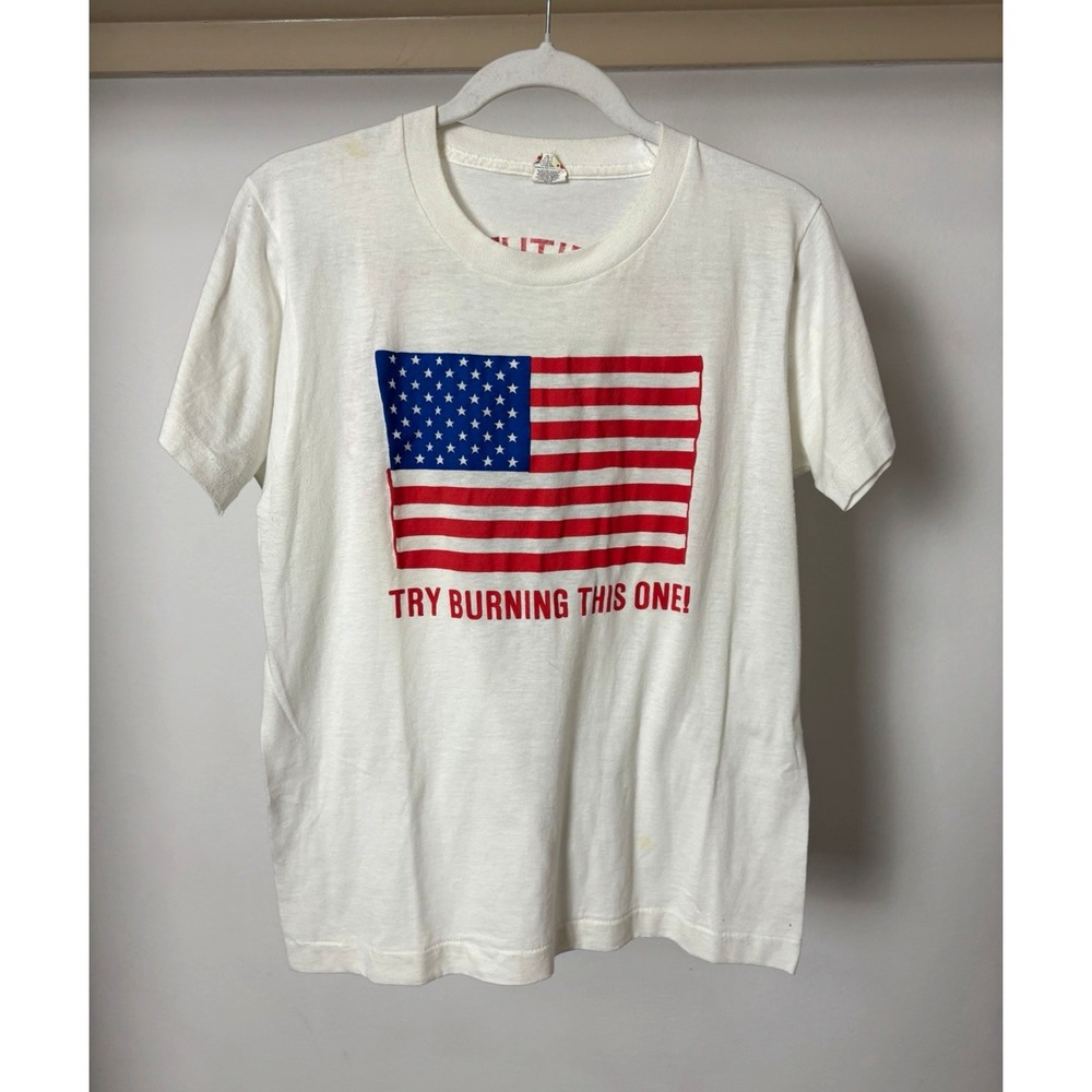 Screen Stars American Flag Try Burning This One T-Shirt Mens M White Vintage